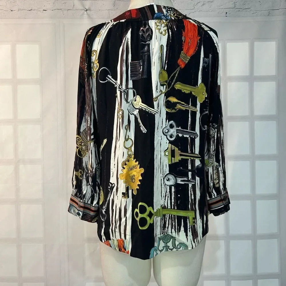 Diane von Furstenberg silk Key print Graphic long sleeve Blouse Size 10